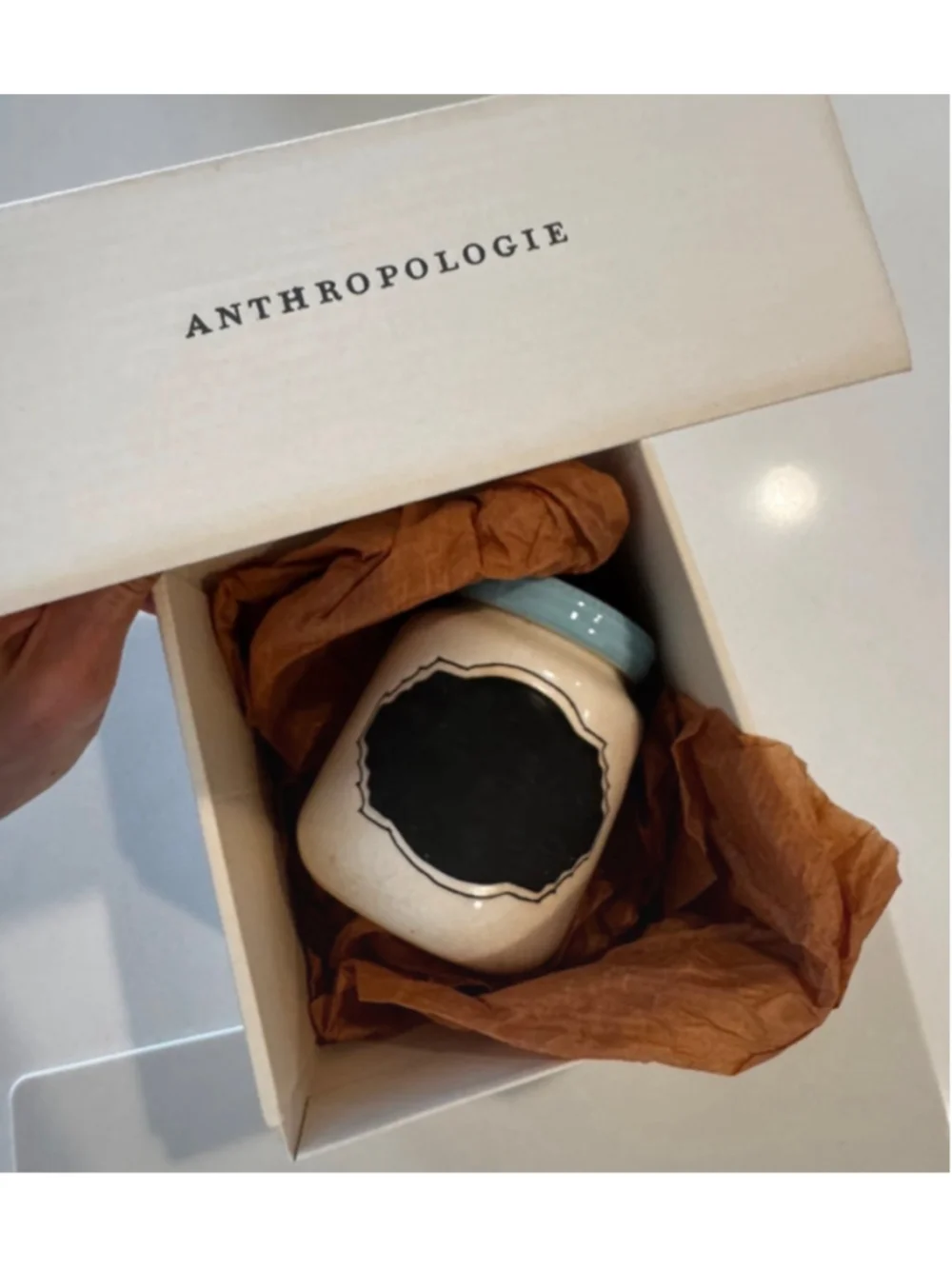 Anthropologie Ceramic Chalkboard Jar Blue Lid w/ Box